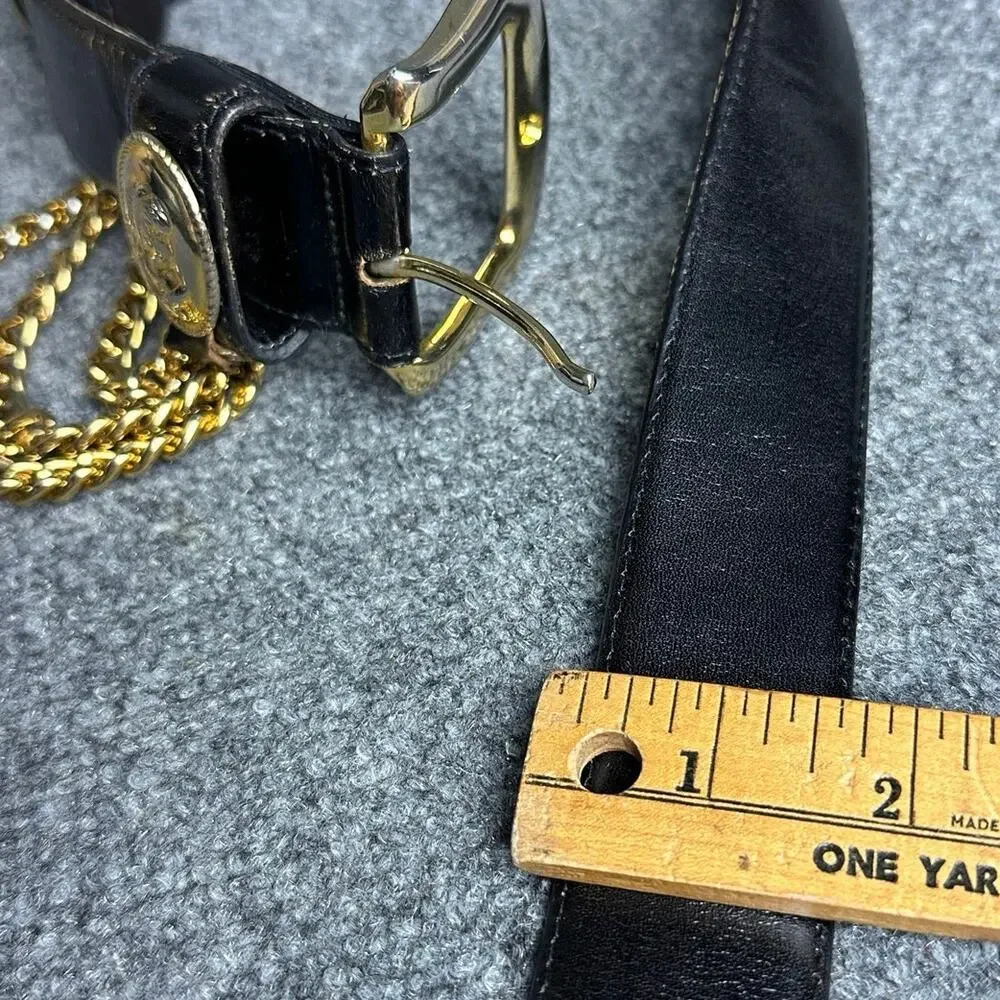 Vintage Avignon black leather chain belt SM gold medallion old money Renaissance